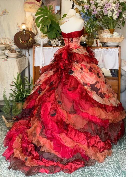 Sweet 16 Dress Ball Gown Strapless Burgundy With Flowers Vestido De 15 Sweet Sixteen Dress RB9609
