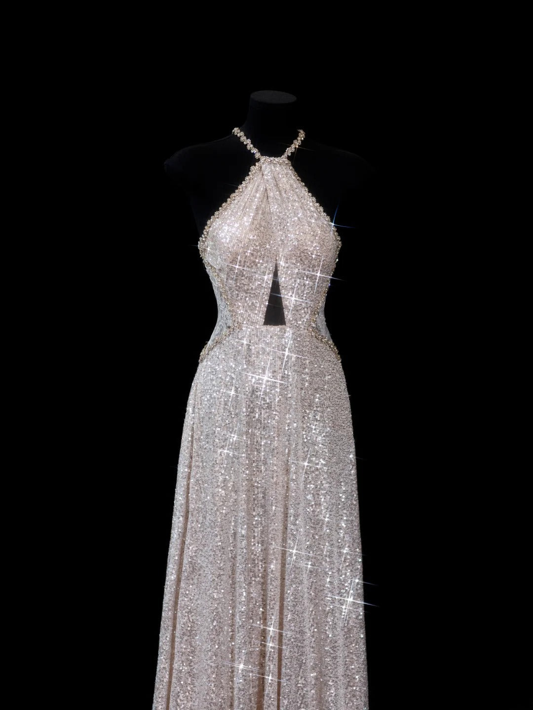Robe de soirée longue chic à sequins champagne, coupe trapèze, dos nu, style élégant, AS615