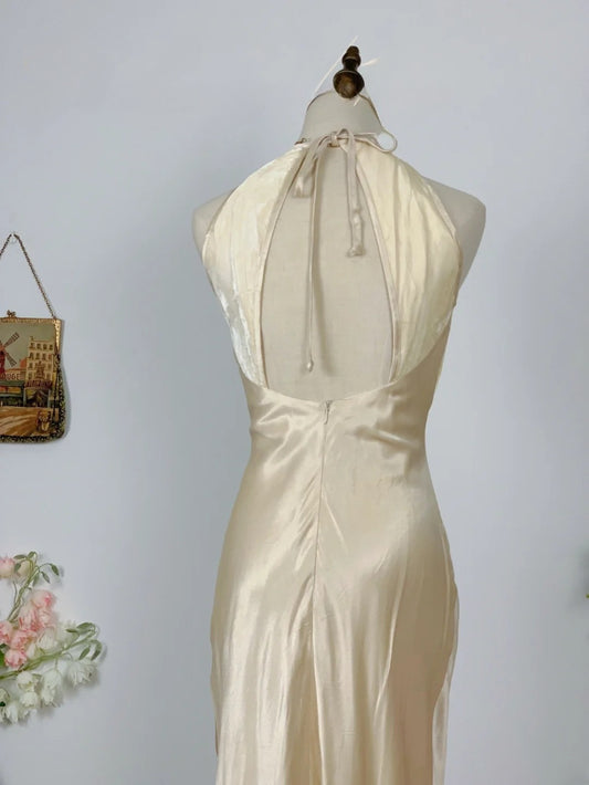Elegant Mermaid Halter Champagne Satin Prom Dress Floor Length Evening Party Gown RB9626