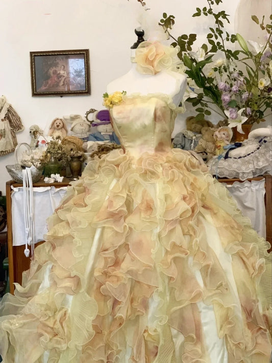 Sweet 16 Dress Ball Gown Strapless Gold Tulle With Tiered Vestido De 15 Sweet Sixteen Dress RB9629