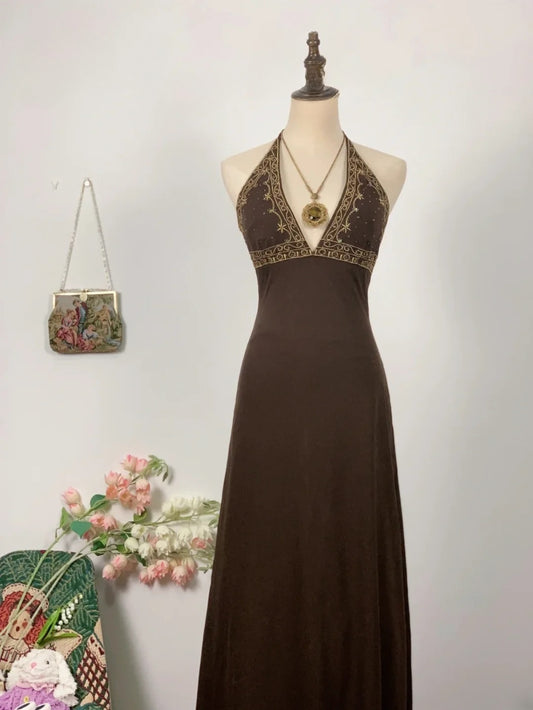 Elegant A Line Halter Brown Chiffon Long Prom Dress Floor Length Evening Party Gown RB9634