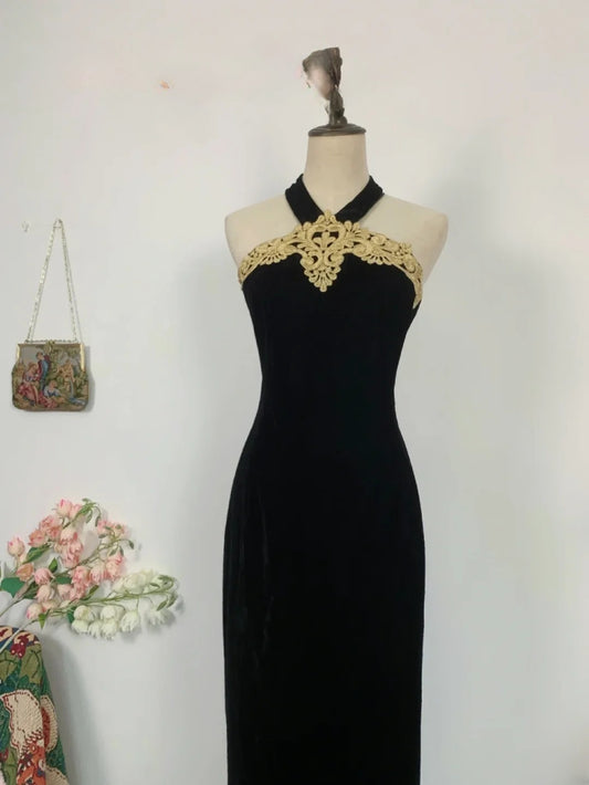 Elegant A Line Halter Black Velvet Long Prom Dress Floor Length Evening Party Gown RB9640