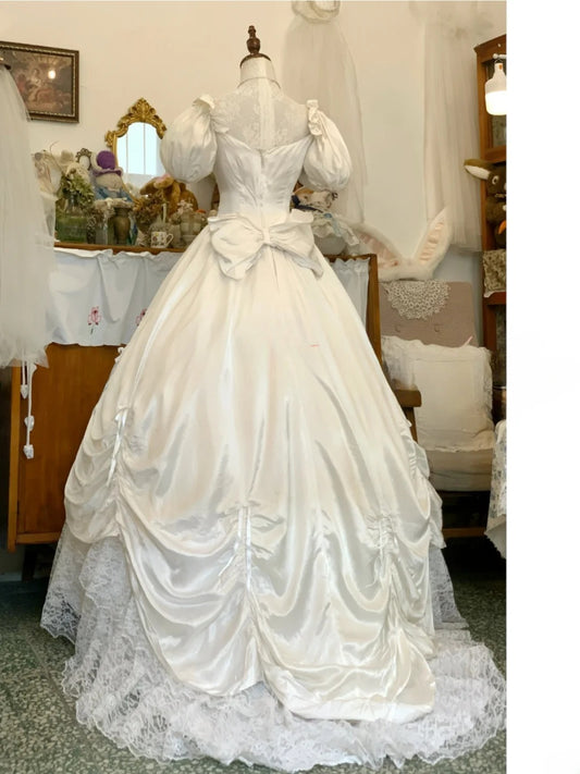 Vintage Wedding Dress Ball Gown High Neck With Puffy Sleeves Lace White Bridal Gown for Big Day RB9644