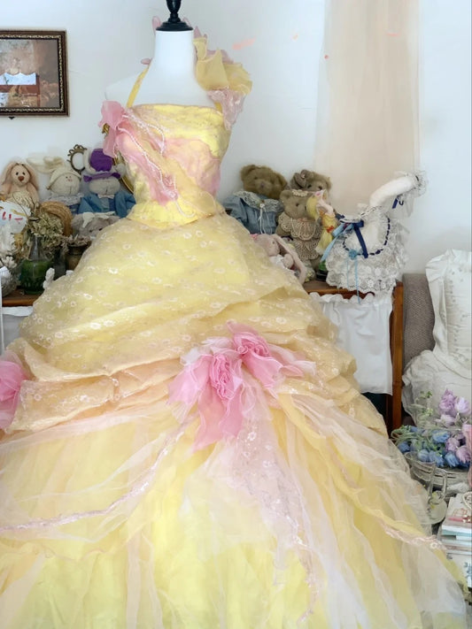 Sweet 16 Dress Ball Gown Halter Yellow With Flowers Vestido De 15 Sweet Sixteen Dress RB9645