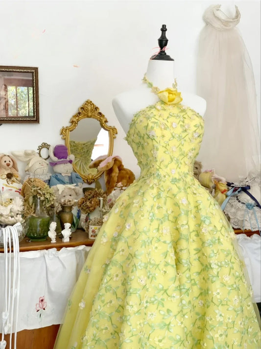 Sweet 16 Dress Ball Gown Halter Yellow With Flowers Lace Vestido De 15 Sweet Sixteen Dress RB9646