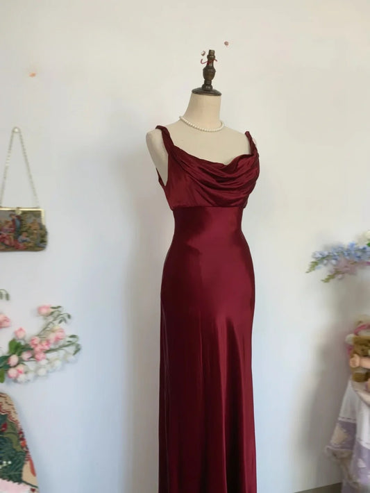 Elegant Mermaid Straps Burgundy Satin Long Prom Dress Floor Length Evening Party Gown RB9650