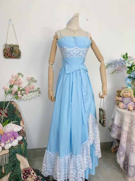 Elegant A Line Spaghetti Straps Blue Satin Long Prom Dress Floor Length Evening Party Gown RB9652