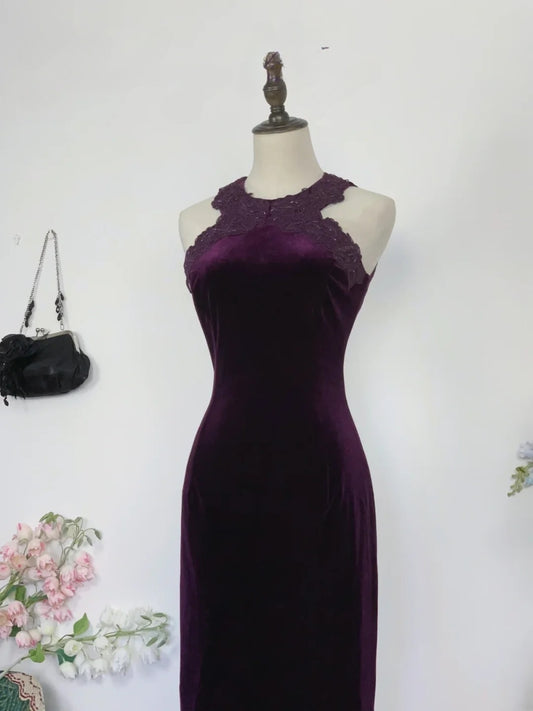 Elegant Sheath Grape Velvet Long Prom Dress Floor Length Evening Party Gown RB9656