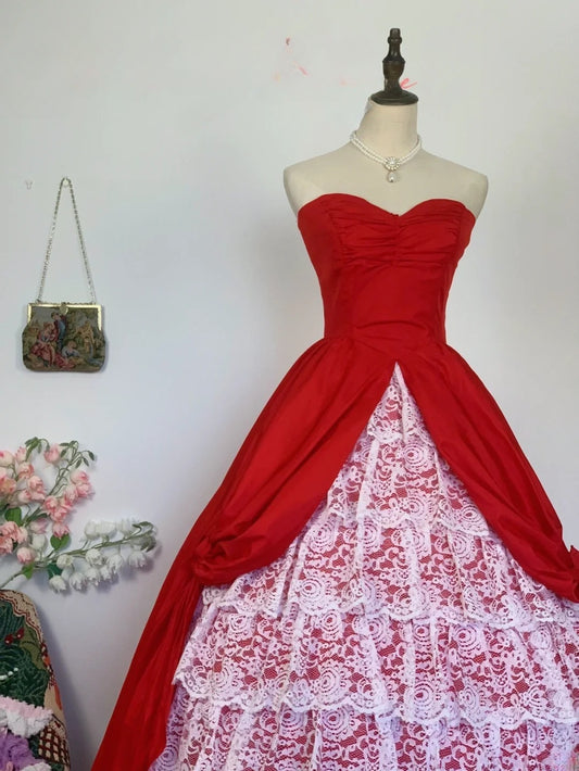 Sweet 16 Dress Ball Gown Sweetheart Red Satin With White Lace Vestido De 15 Sweet Sixteen Dress RB9657