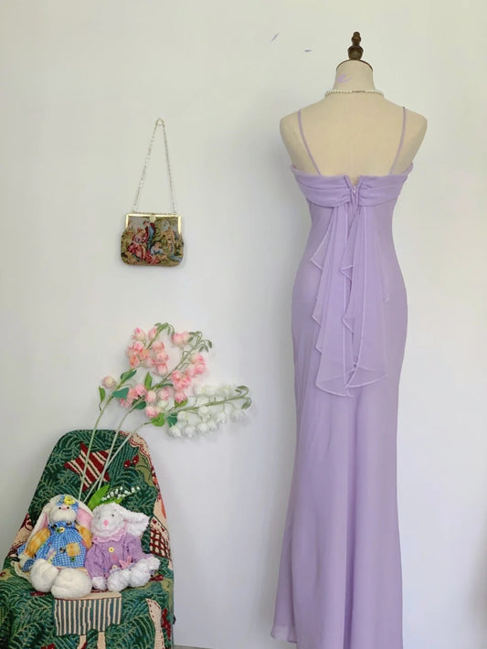 Elegant Mermaid Spaghetti Straps Lilac Chiffon Long Prom Dress Floor Length Evening Party Gown RB9659