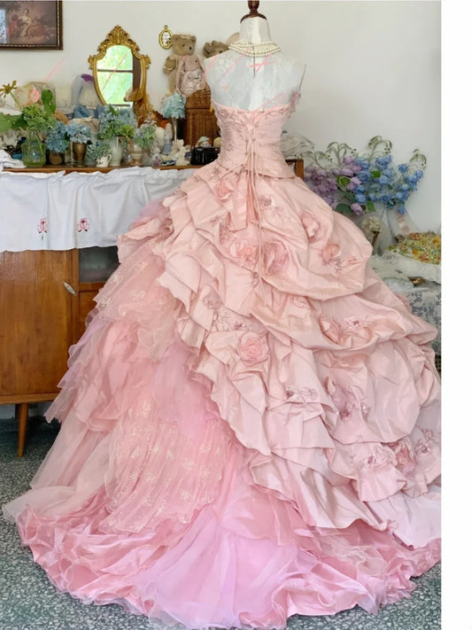 Sweet 16 Dress Ball Gown Strapless Pink With Tiered Layers Vestido De 15 Sweet Sixteen Dress RB9694