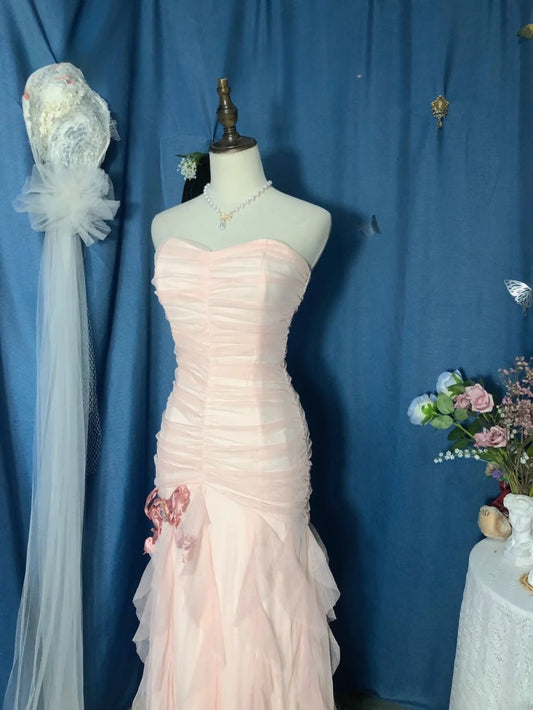 Mermaid Sweetheart Pink Floor Length Ruffled Tulle Prom Dress Formal Graduation Gown RB9702
