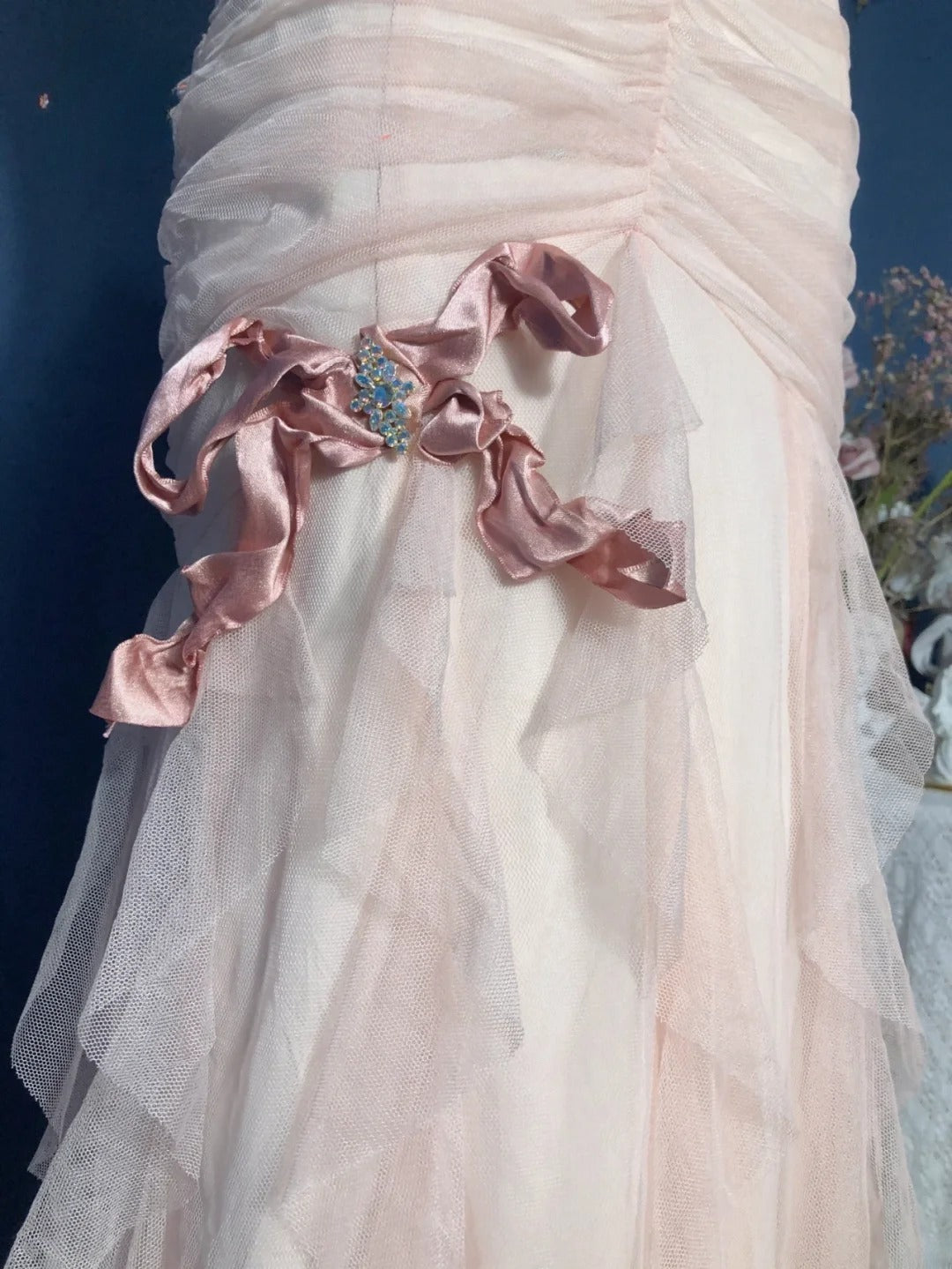 Mermaid Sweetheart Pink Floor Length Ruffled Tulle Prom Dress Formal Graduation Gown RB9702