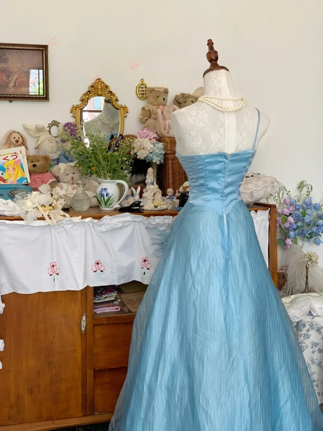 Blue Prom Dress Long Ball Gown One Shoulder With Flowers Romantic Evening Gown for Prom RB9710