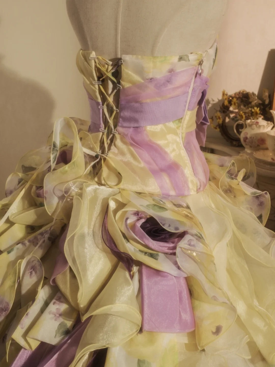 Sweet 16 Dress Ball Gown Strapless Yellow Floral With Tiered Layers Vestido De 15 Sweet Sixteen Dress RB9738
