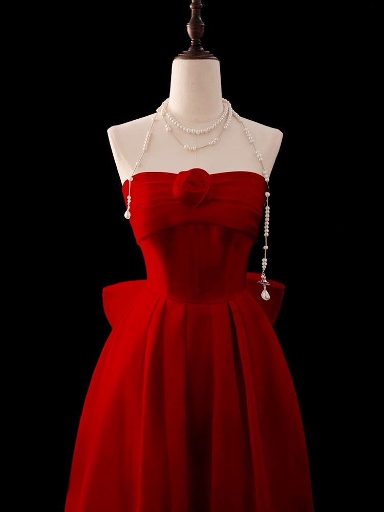 Elegantes, trägerloses, rotes Chiffonkleid in A-Linie mit Blumenmuster, langes Partykleid, Outfit für den 20. Geburtstag, Abschlusskleid AU001