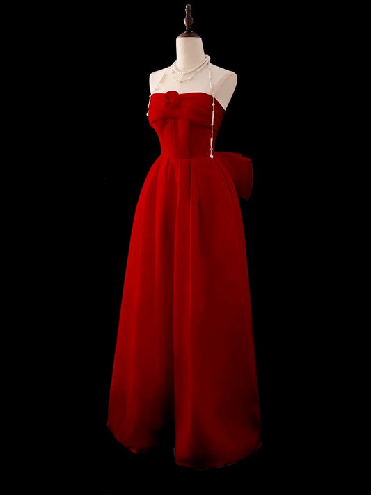 Elegantes, trägerloses, rotes Chiffonkleid in A-Linie mit Blumenmuster, langes Partykleid, Outfit für den 20. Geburtstag, Abschlusskleid AU001