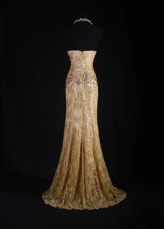 Retro-Abendkleider, Meerjungfrauen-Stil, herzförmiger Schnitt, goldene Spitze, Perlen, Vintage-Stil, lange Abendkleider, Partykleider AU004