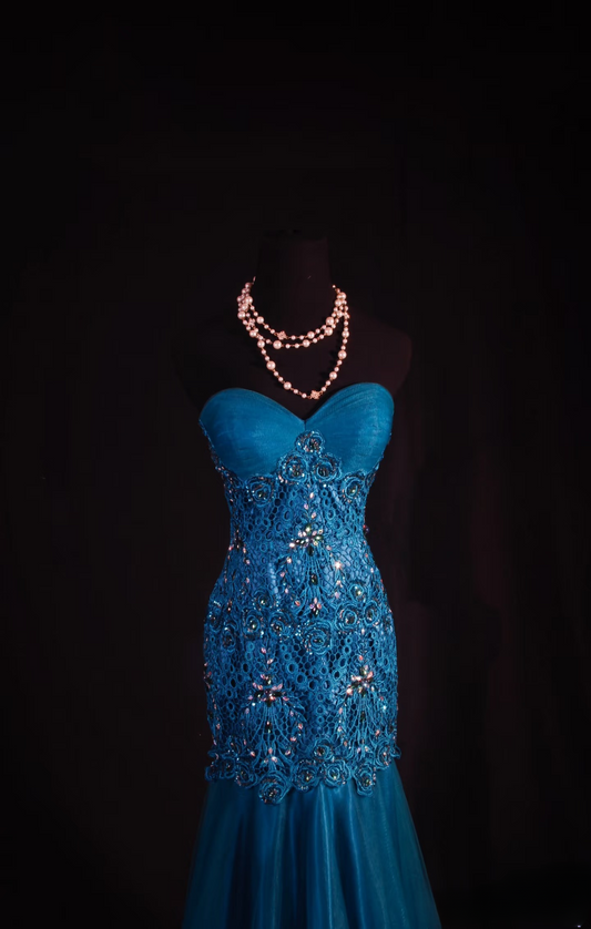 Retro-Abendkleider, Meerjungfrauen-Stil, herzförmiger Schnitt, Tüllspitze mit silbernen Perlen, Vintage-Abendkleider, lange Partykleider AU005