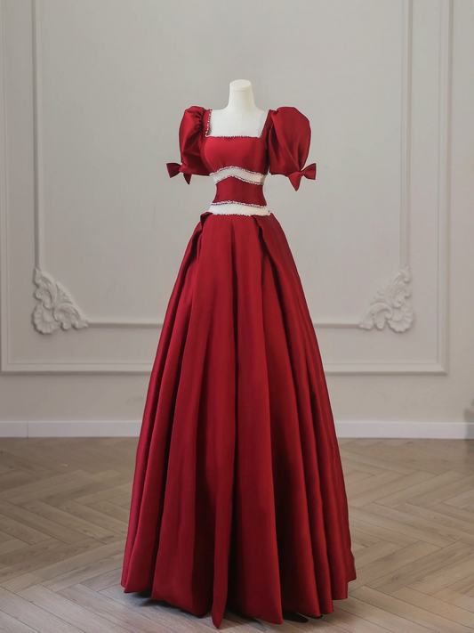 Ball Gown Square Neck Short Sleeves Burgundy Satin Floor Length Stunning Prom Dresses 2026 Inspiration Prom Dress Princess Graduation Dress AU018