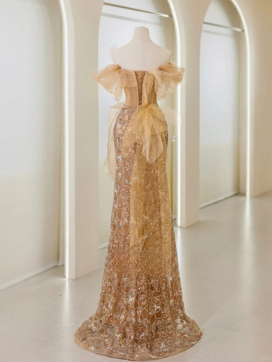 Edle Meerjungfrau Schulterfrei Gold Pailletten Ballkleider Langes Partykleid Abend-Outfits Abschlusskleid AU041
