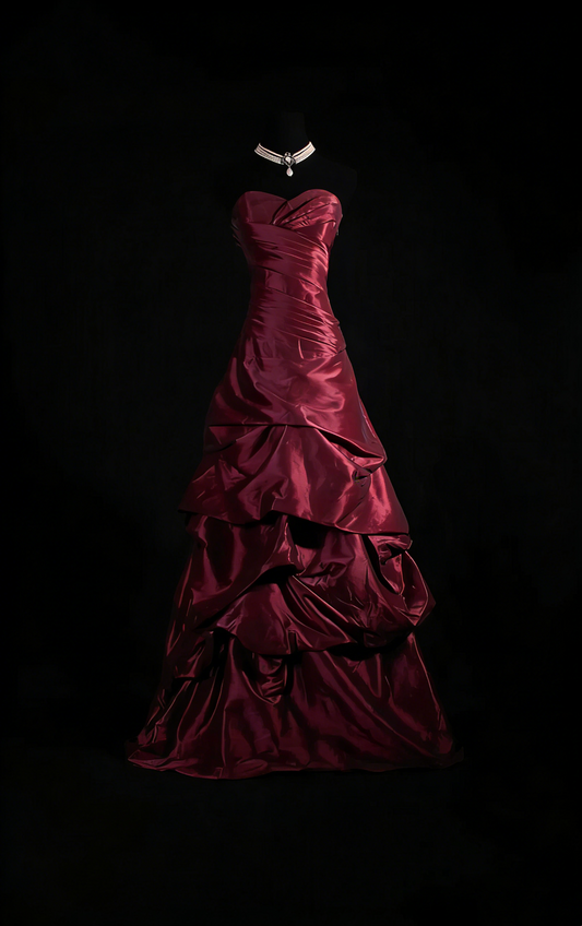 Vintage-Abendkleider der 2000er Jahre: Ballkleid mit Herzausschnitt, weinrotes Satin-Abendkleid, Inspiration für lange Abendkleider AU056