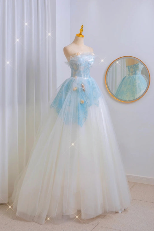 Einzigartiges Ballkleid trägerloses blaues Spitzen-Abschlussballkleid, langes Partykleid zum 20. Geburtstag, Outfits, formelles Kleid AU058