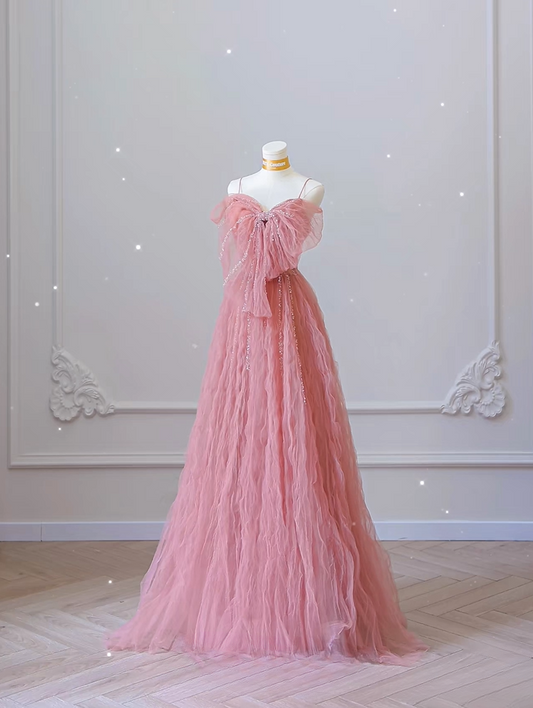 Classy A Line Spaghetti Straps Tulle Pink Long Prom Dresses Inspiration Trending Prom Gowns Formal Prom Dress AU065
