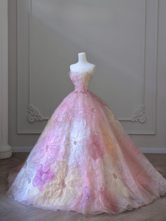 Süßes trägerloses Ballkleid trägerloses Blumenspitze langes Quinceanera-Kleid Wunderschöne Ballkleider Sweet 15 16 Kleid AU067