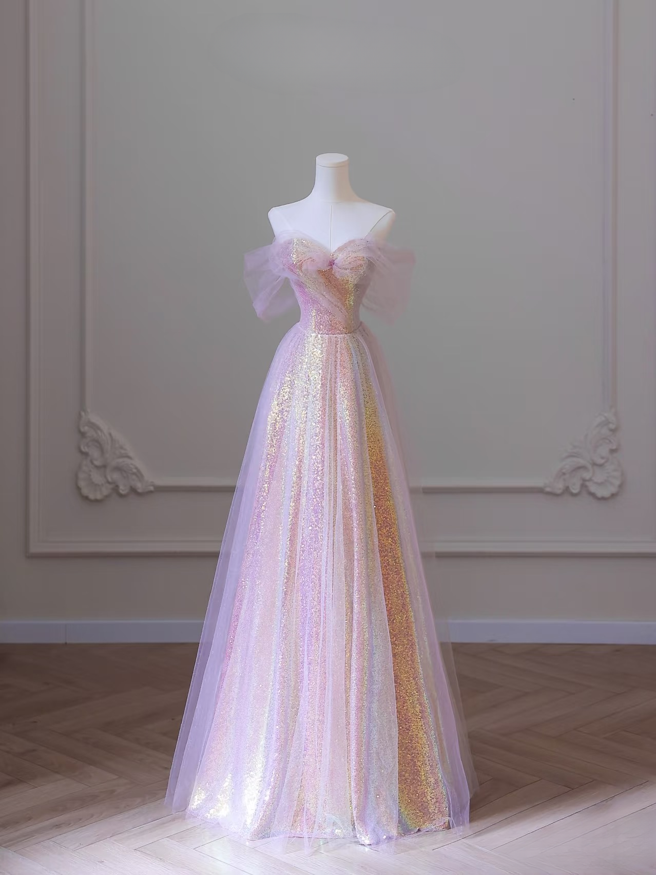 Beautiful A line Off The Shoulder Sequin Pink Prom Dresses Inspiration   RubyFashionDress