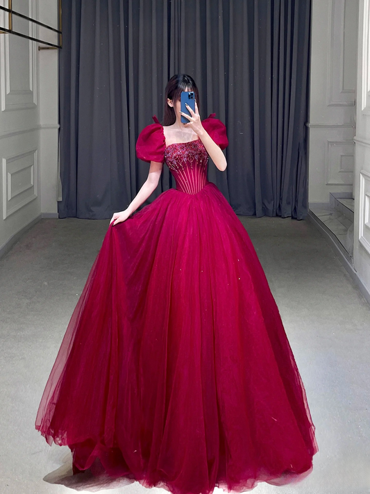 Modest Ballkleid Square Neck Burgundy Red Kurzen Ärmeln Lange Quinceanera Kleider Sexy Quinceanera Kleider Süße 16 Kleid B234