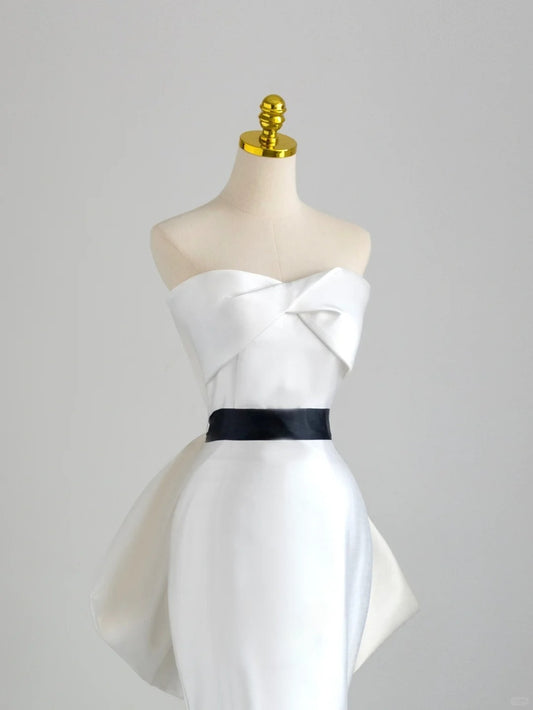 Modest Mermaid Sweetheart White Satin Groom Long Bride Gown Bridal Dress Modest Wedding Dresses RB7707