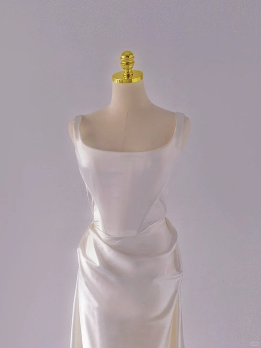 Modest Mermaid Square Neck White Satin Groom Long Bride Gown Bridal Dress Modest Wedding Dresses RB7709