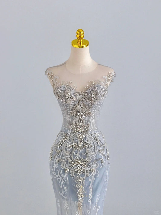 Glitzerndes Meerjungfrauen-Abendkleid mit U-Ausschnitt, ärmellos, silbergrau, perlenbesetzt, langes Ballkleid für formelle Anlässe RB6592