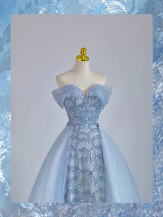 Pretty A line Off The Shoulder Blue Sequined With Sleeves Prom Dresses Long Evening Party Formal Outfits RB6614