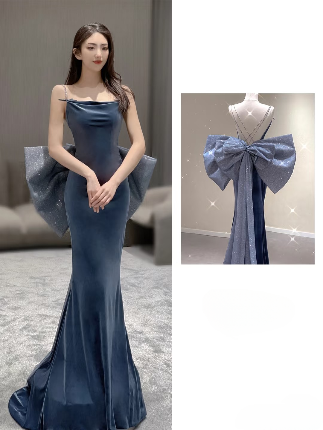 Timeless Mermaid Spaghetti Straps Navy Blue Sequin Long Prom Dresses Party Dress Birthday Outfits Graduation Dress AU162
