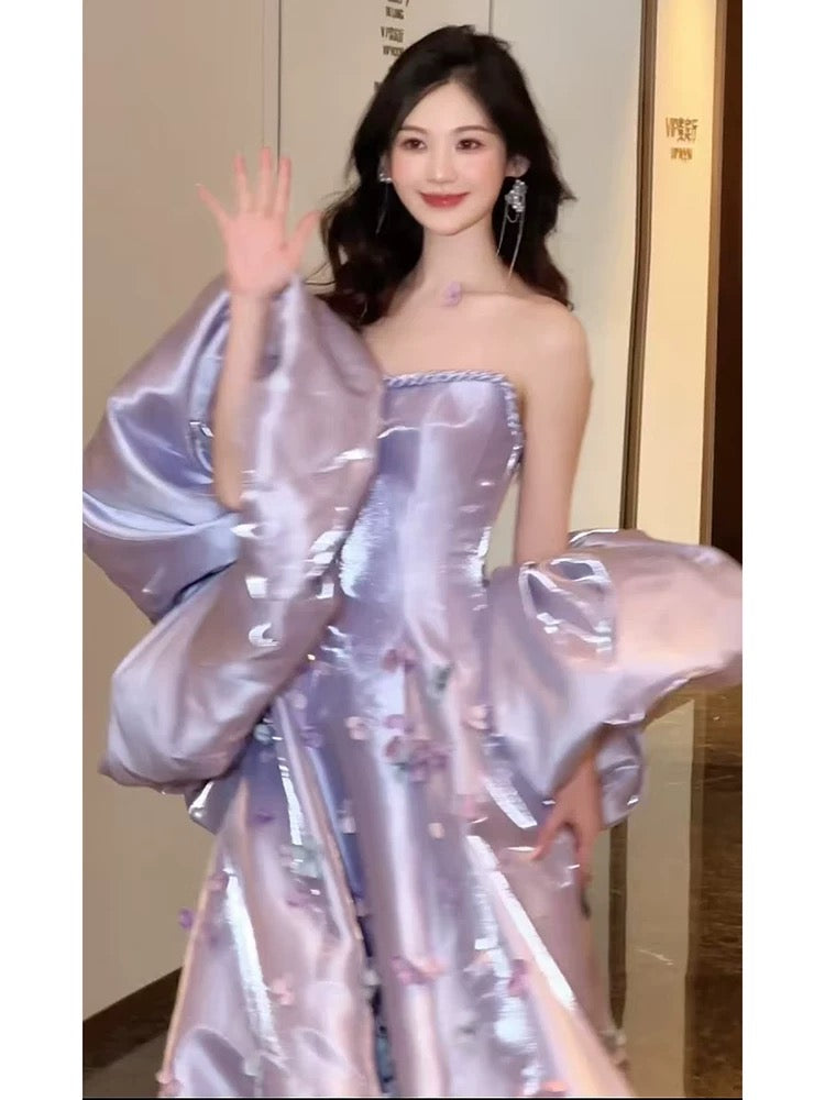 Elegant Ball Gown Strapless Lilac Satin Long Prom Dresses Unique Party Formal Graduation Dress AU174