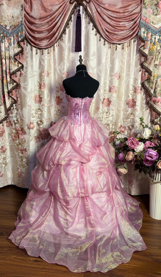 Retro-Ballkleid, trägerlos, langes, rosa Organza-Abendkleid im Stil der 70er und 80er Jahre, AU176