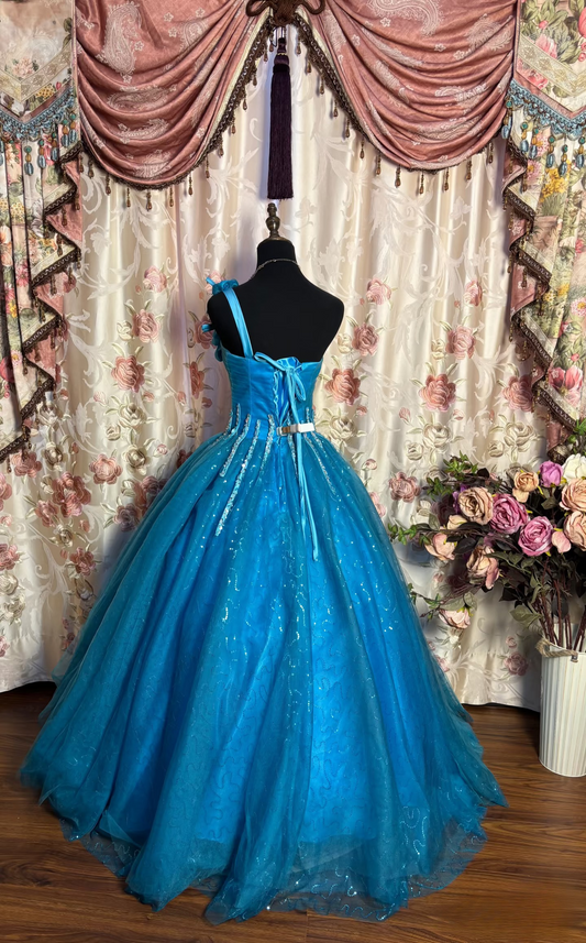 Charming Ball Gown One Shoulder Blue Tulle Beaded Long Quinceanera Dress Sweet 15 16 Dresses AU185