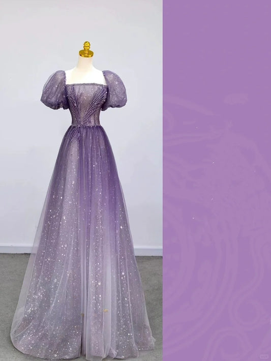 Glitter A Line Square Neck Purple Sequined Prom Dresses Long Evening Party Formal Outfits RB6619