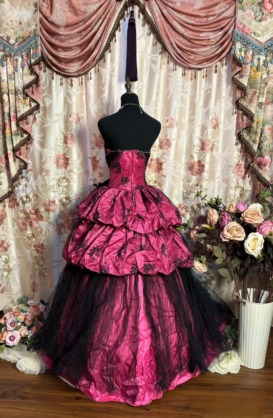Retro-Ballkleid, trägerlos, pinkfarbener Satin, schwarzer Tüll, langes Abendkleid im Stil der 70er und 80er Jahre, AU192