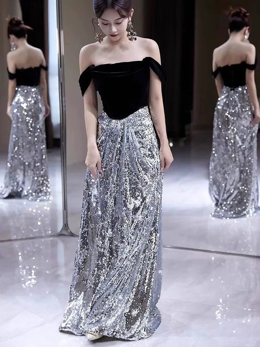 Sexy A Line Off The Shoulder Silver Sequin Long Prom Dresses With Sleeves Party Dress Birthday Outfits Graduation Dress AU196