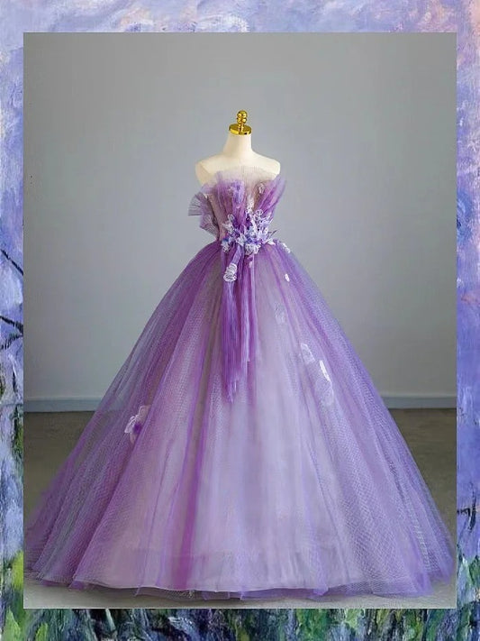 Pretty Ball Gown Strapless Tulle Lilac With Flowers Prom Dresses Long Evening Party Formal Outfits RB6631