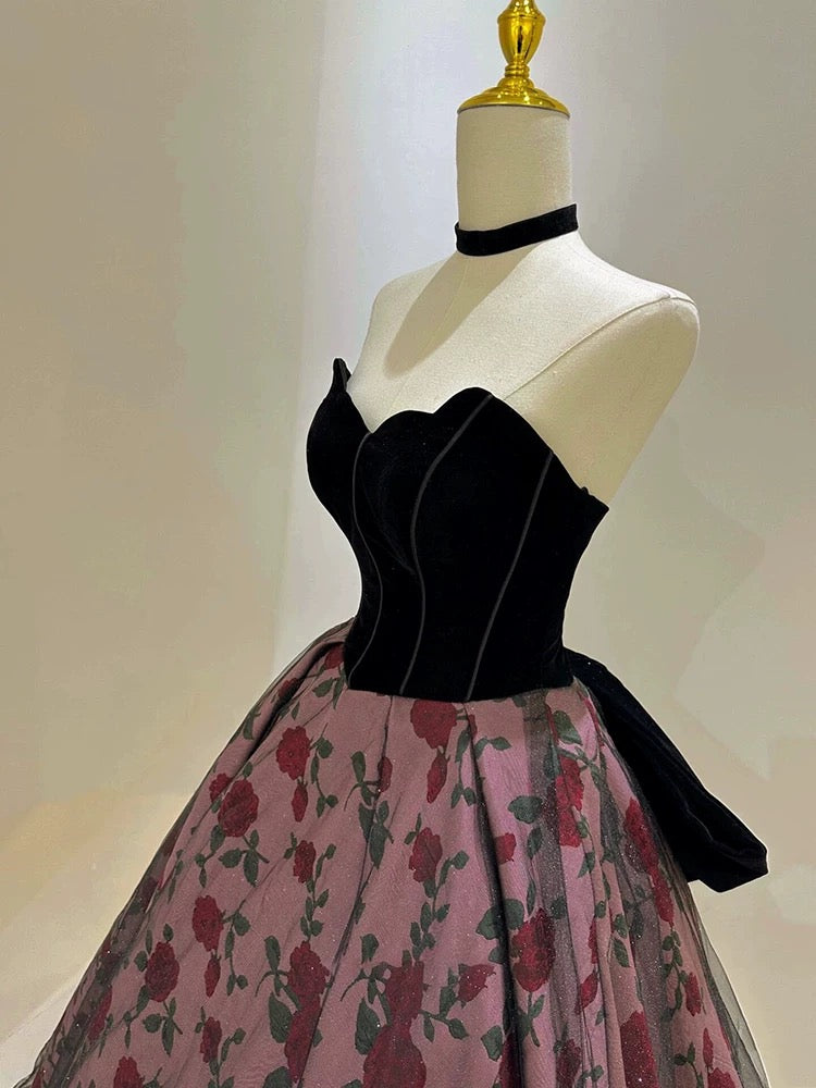 Sexy Ball Gown Sweetheart Black Velvet Pink Floral Prom Dress Inspiration Long Party Formal Prom Dresses AU216