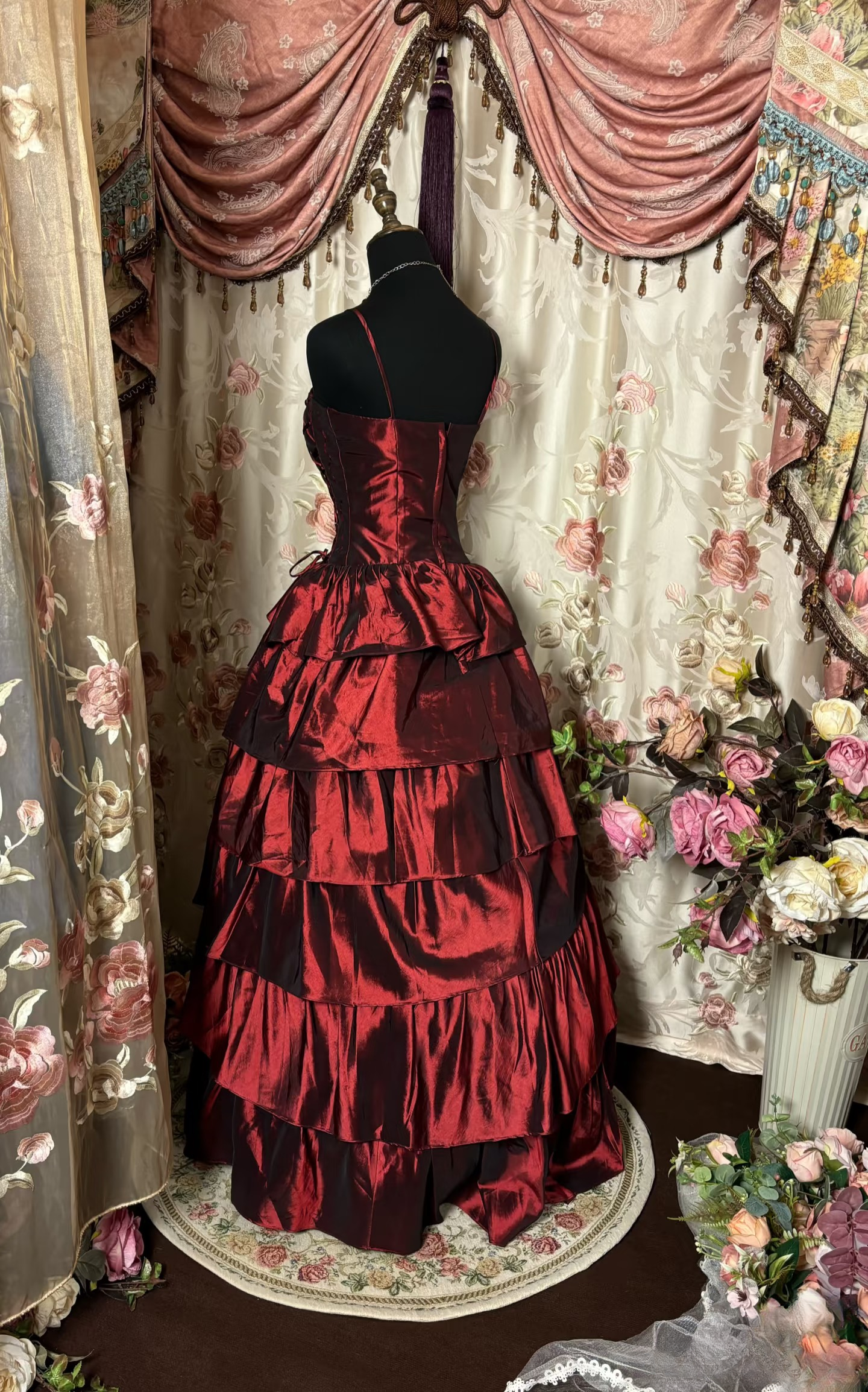 Retro-Abendkleider, Ballkleid mit Spaghettiträgern, burgunderrot, Vintage-Taft, langes Abendkleid, Partykleid AU235