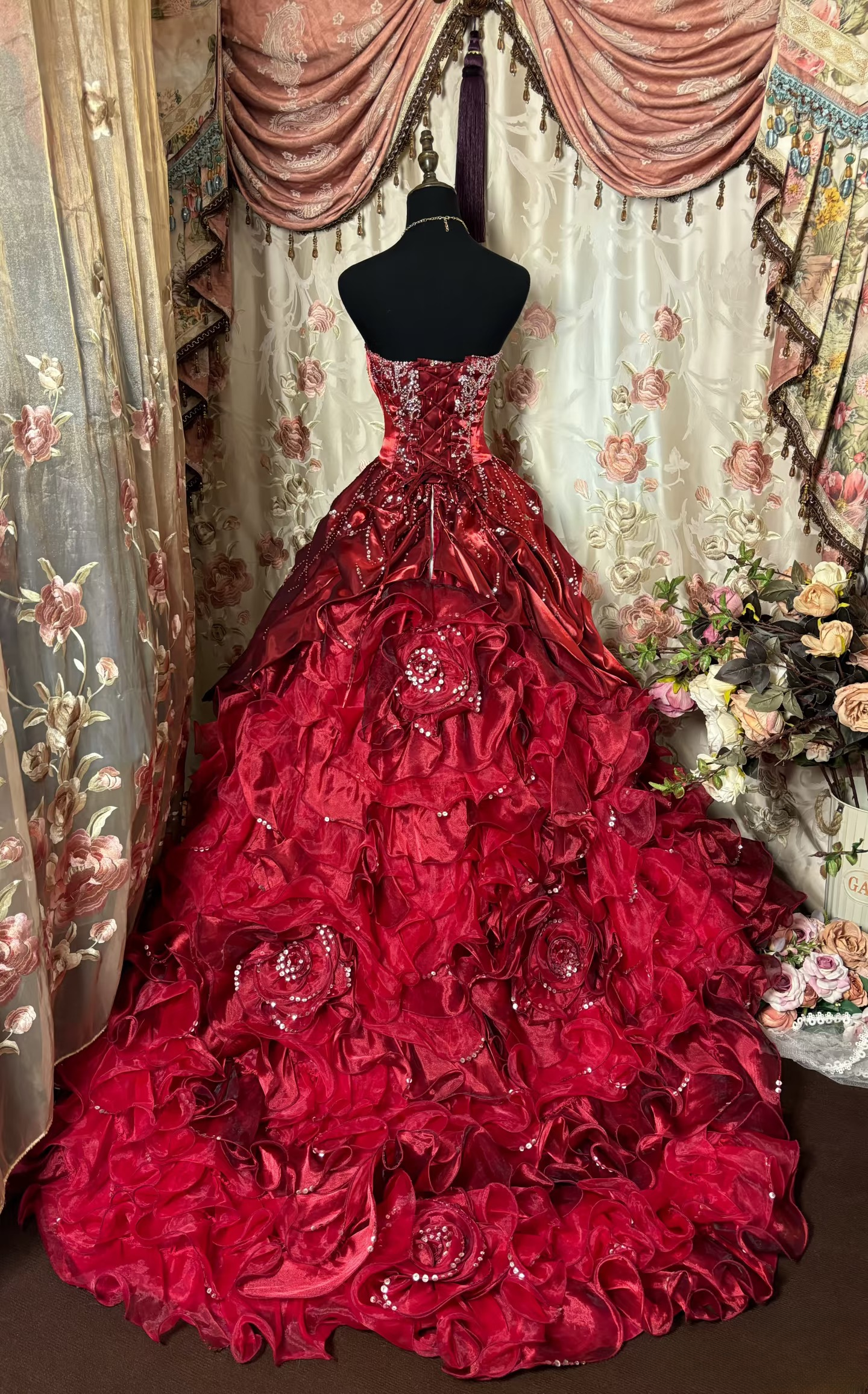 Retro-Ballkleid, trägerlos, Perlen, burgunderrot, Organza, langes Abendkleid im Stil der 70er und 80er Jahre, AU241