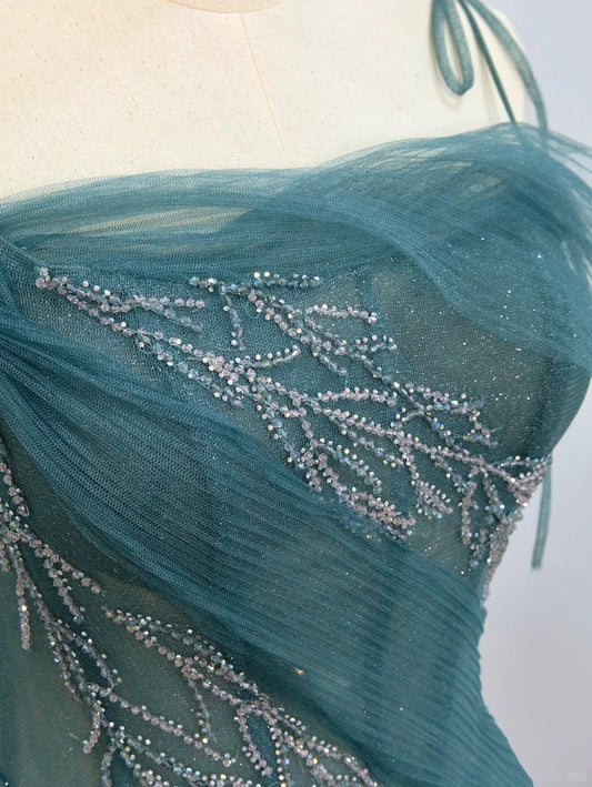 Sparkly A Line Spaghetti Strap Blue With Beading Tulle Prom Dresses Long Evening Party Formal Outfits RB6632