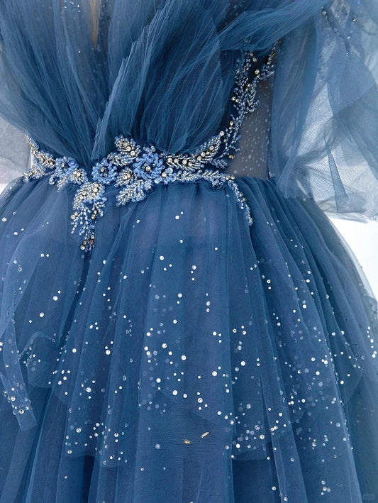 Sparkly A Line Spaghetti Strap Dusty Blue With Beading Tulle Prom Dresses Long Evening Party Formal Outfits RB6630