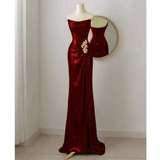Modest Mermaid Strapless Sequin Burgundy Long Prom Dresses Party Dress 20th Birthday Outfits Graduation Dress AU248