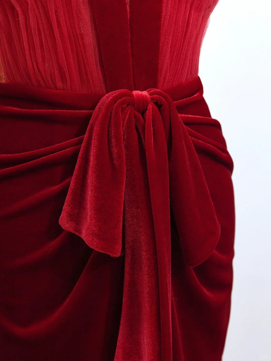 Classy Mermaid V Neck Burgundy Velvet With Ruffled Prom Dresses Long Evening Party Formal Outfits RB6637